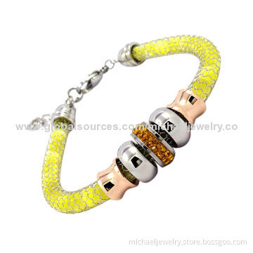 Mesh Stainless Steel Bracelets with Yellow Opal Beads&Orange Crystal PP Stones, Plating IP Rose Gold